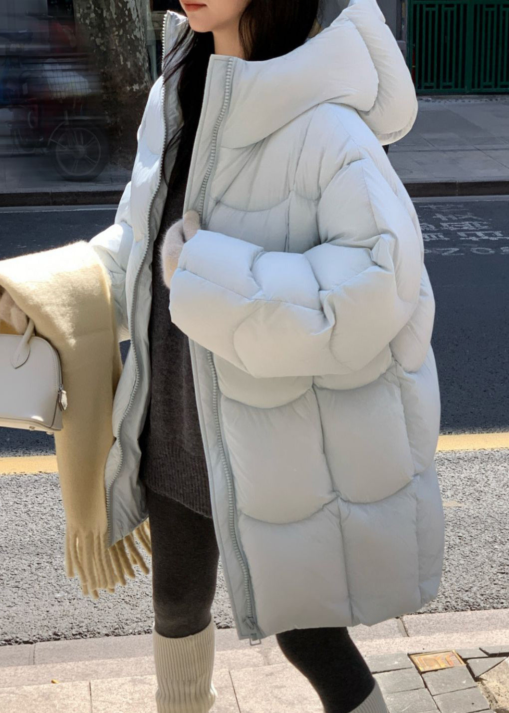 New Light Blue Hooded Zippered Pockets Duck Down Down Coats Winter