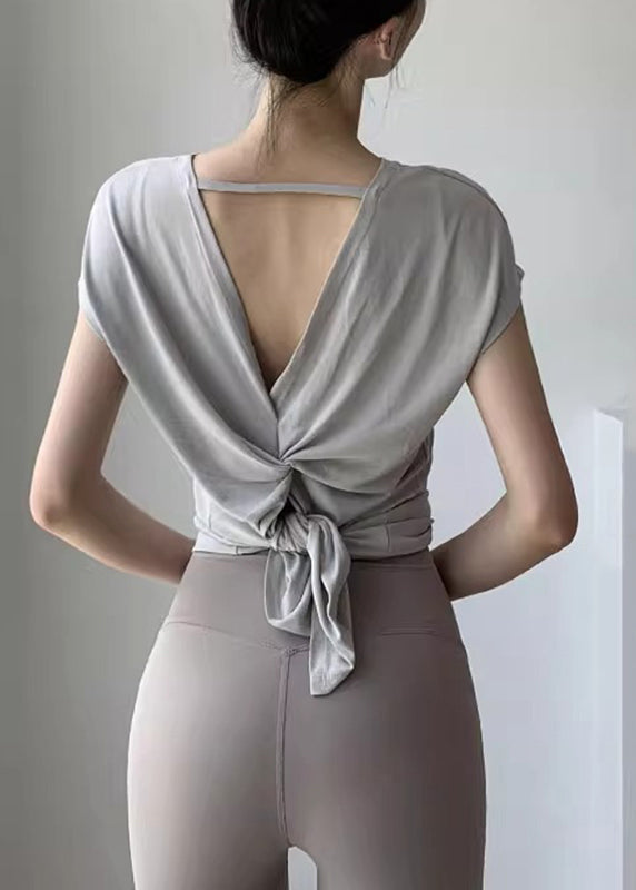 New Light Grey Wrinkled Hollow Out Yoga Tops Summer