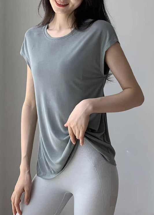 New Light Grey Wrinkled Hollow Out Yoga Tops Summer