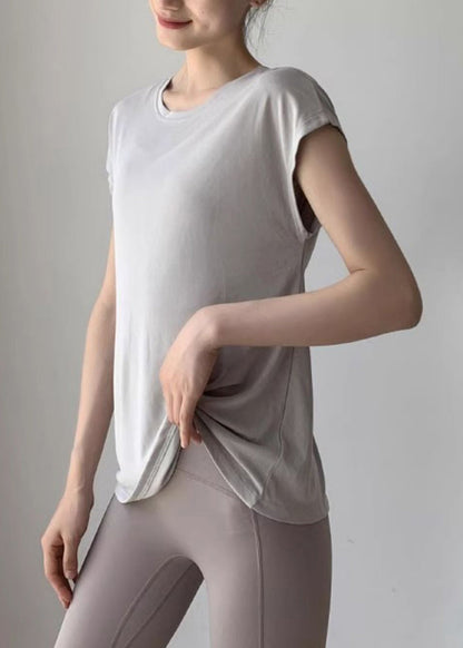 New Light Grey Wrinkled Hollow Out Yoga Tops Summer