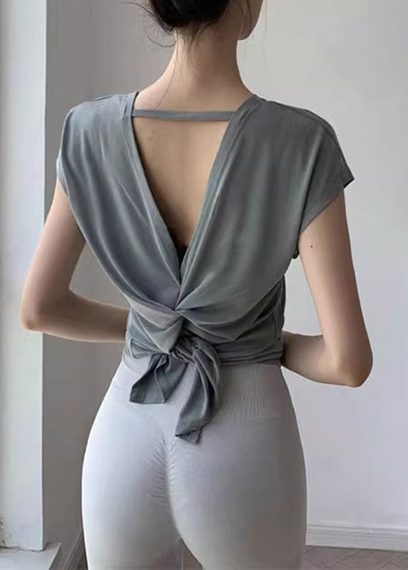 New Light Grey Wrinkled Hollow Out Yoga Tops Summer