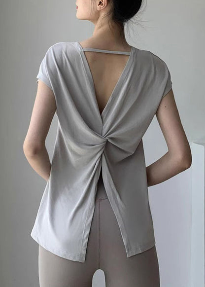 New Light Grey Wrinkled Hollow Out Yoga Tops Summer