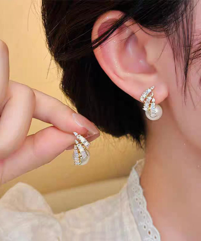 New Light Luxury Design Silver Needle Zircon Pearl Earrings