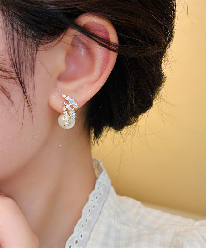 New Light Luxury Design Silver Needle Zircon Pearl Earrings