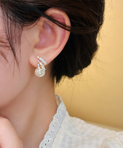 New Light Luxury Design Silver Needle Zircon Pearl Earrings