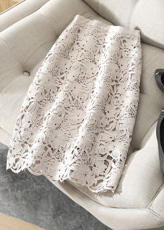 New Light Pink Hollow Out Lace High Waisted Skirts Summer