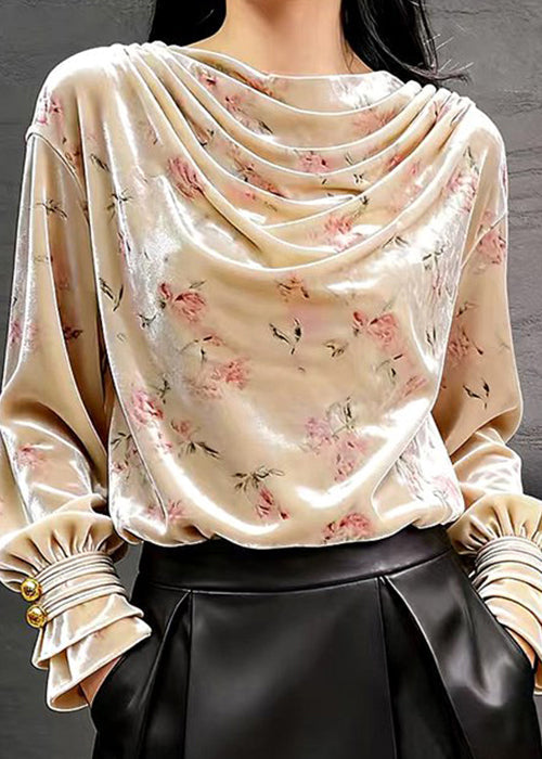 Nueva camiseta de terciopelo de seda arrugada con estampado rosa claro para primavera