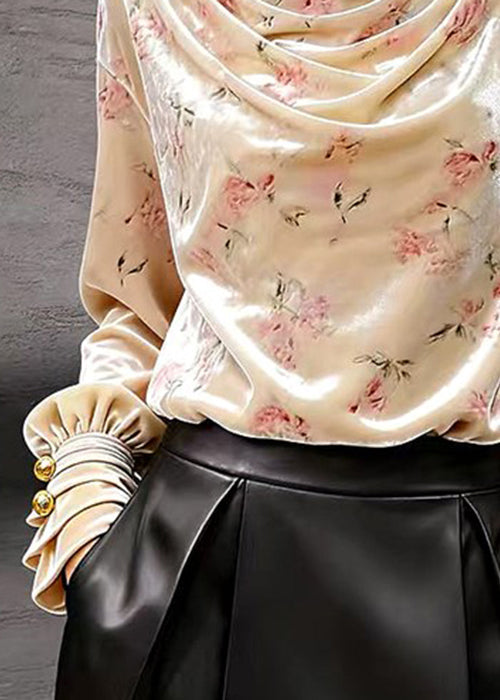 Nueva camiseta de terciopelo de seda arrugada con estampado rosa claro para primavera