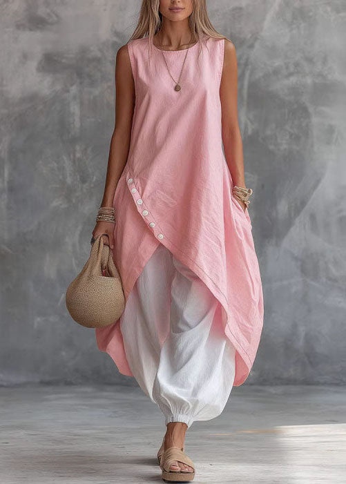 New Light Purple O Neck Asymmetrical Design Pockets Cotton Dress Sleeveless