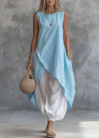 New Light Purple O Neck Asymmetrical Design Pockets Cotton Dress Sleeveless
