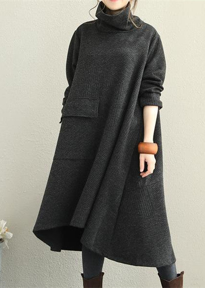 Neu Lose Schwarz High Neck Basis Kleider Frauen Casual Kleidung