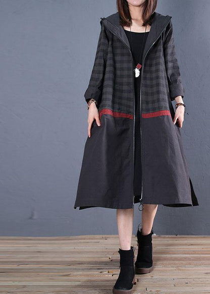 New Loose fitting long coat fall coat black hooded patchwork coat - SooLinen