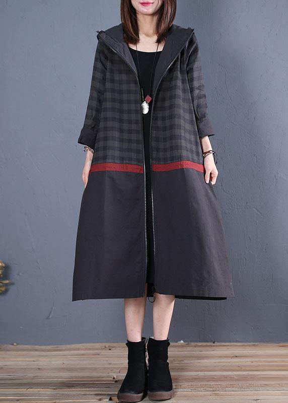 New Loose fitting long coat fall coat black hooded patchwork coat - SooLinen
