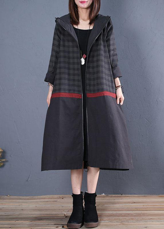 New Loose fitting long coat fall coat black hooded patchwork coat - SooLinen