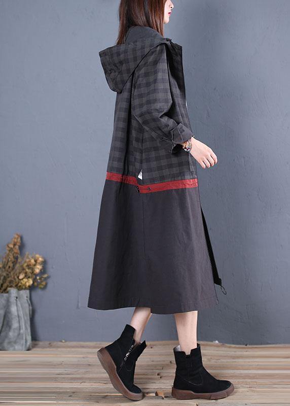 New Loose fitting long coat fall coat black hooded patchwork coat - SooLinen