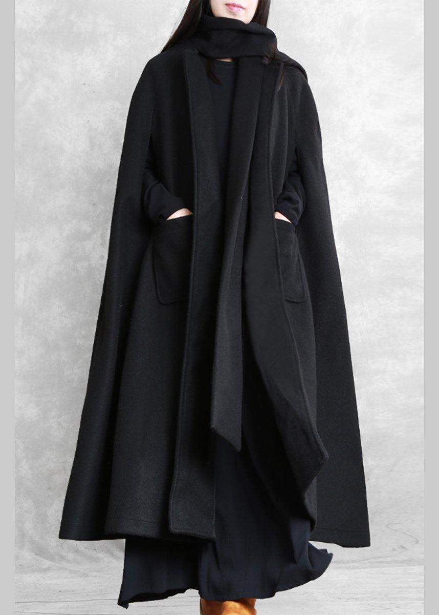 New Loose fitting long coat winter jackets black Multiple wearing methods Woolen Coats - SooLinen