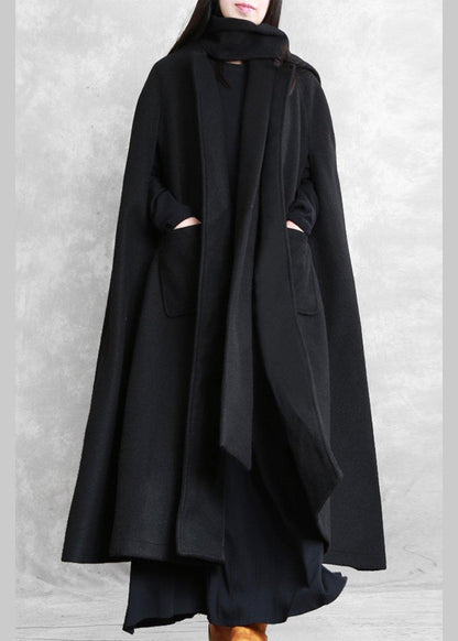 New Loose fitting long coat winter jackets black Multiple wearing methods Woolen Coats - SooLinen