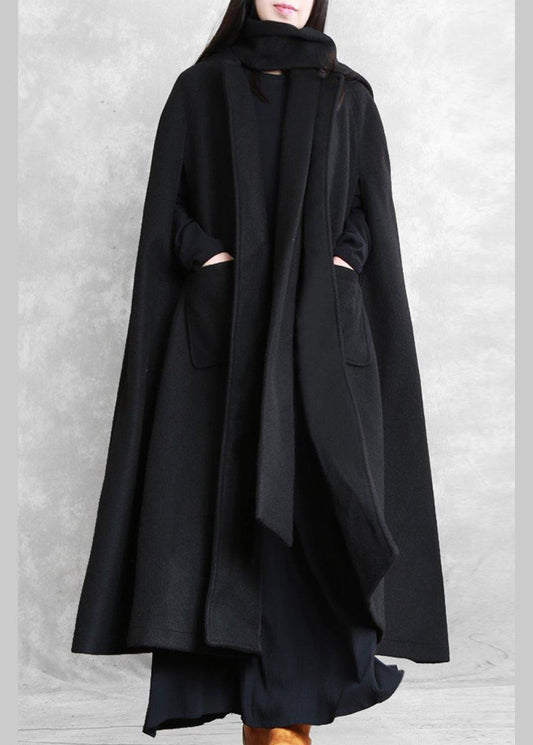 New Loose fitting long coat winter jackets black Multiple wearing methods Woolen Coats - SooLinen