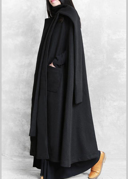 New Loose fitting long coat winter jackets black Multiple wearing methods Woolen Coats - SooLinen
