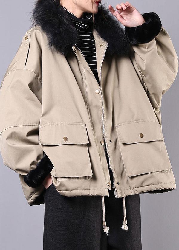 New Loose fitting snow jackets pockets winter coats khaki faux fur collar casual outfit - SooLinen