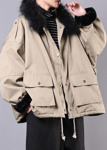 New Loose fitting snow jackets pockets winter coats khaki faux fur collar casual outfit - SooLinen