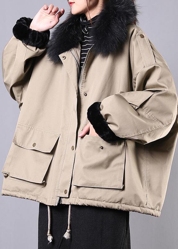 New Loose fitting snow jackets pockets winter coats khaki faux fur collar casual outfit - SooLinen