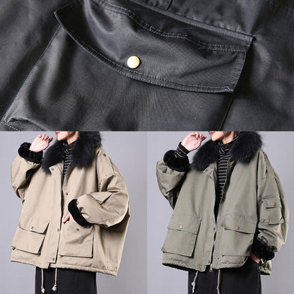 New Loose fitting snow jackets pockets winter coats khaki faux fur collar casual outfit - SooLinen