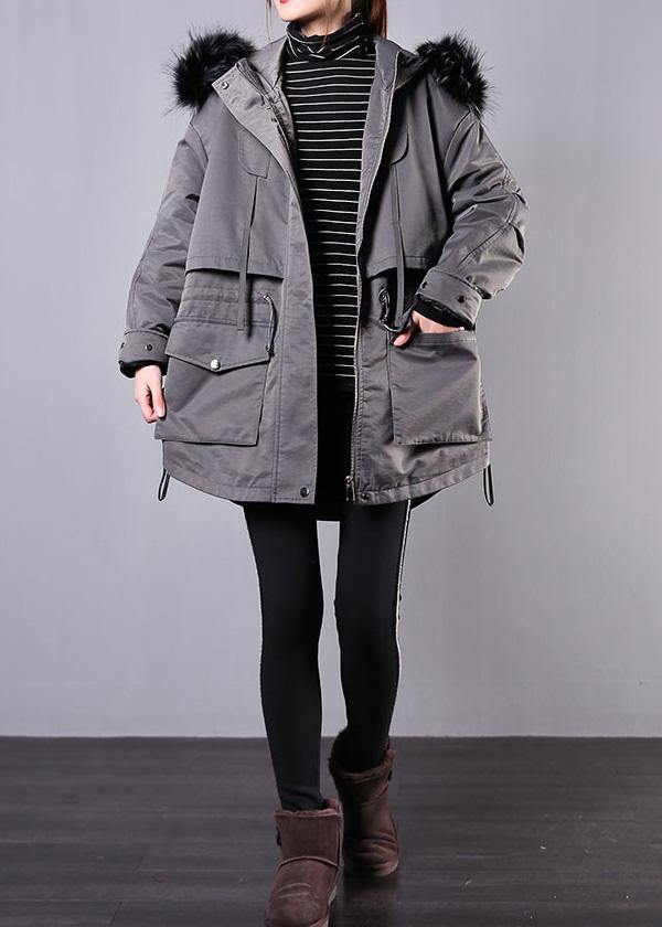 New Loose fitting winter coats gray hooded fur collar women parka - SooLinen
