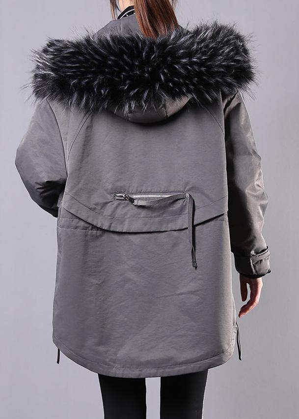New Loose fitting winter coats gray hooded fur collar women parka - SooLinen