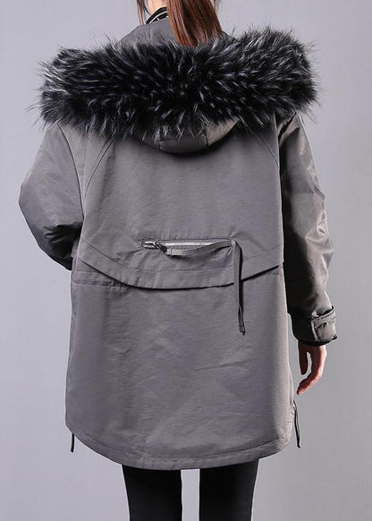 New Loose fitting winter coats gray hooded fur collar women parka - SooLinen