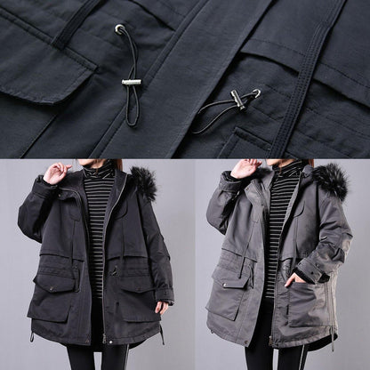 New Loose fitting winter coats gray hooded fur collar women parka - SooLinen