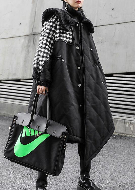 New Loose fitting winter jacket overcoat black patchwork plaid Sailor Collar coat - SooLinen