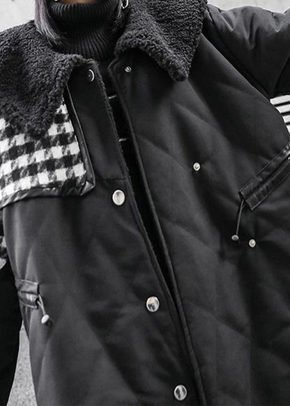 New Loose fitting winter jacket overcoat black patchwork plaid Sailor Collar coat - SooLinen