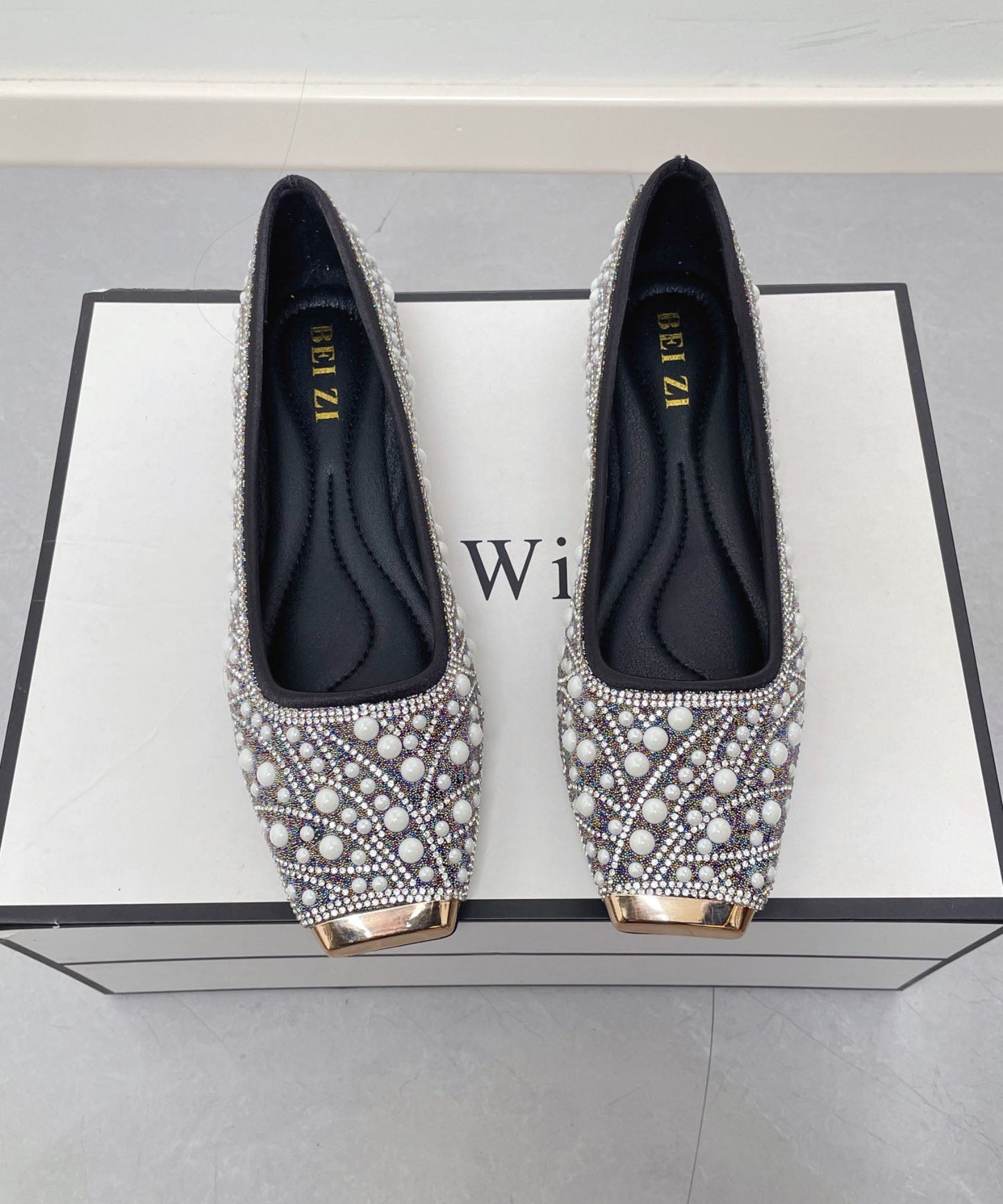 New Nail Bead Zircon Splicing Penny Loafers Black Faux Leather