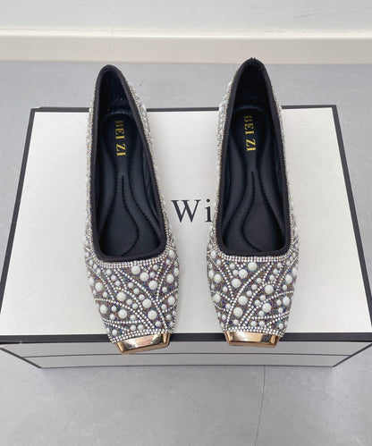 New Nail Bead Zircon Splicing Penny Loafers Black Faux Leather
