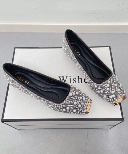New Nail Bead Zircon Splicing Penny Loafers Black Faux Leather