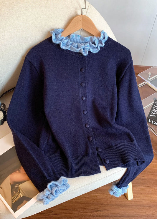 New Navy Original Design Patchwork Knit Coats Petal Sleeve