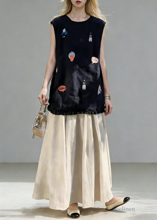 New Navy Print Ruffled Tops And Linen Skirts Two Piece Set Summe