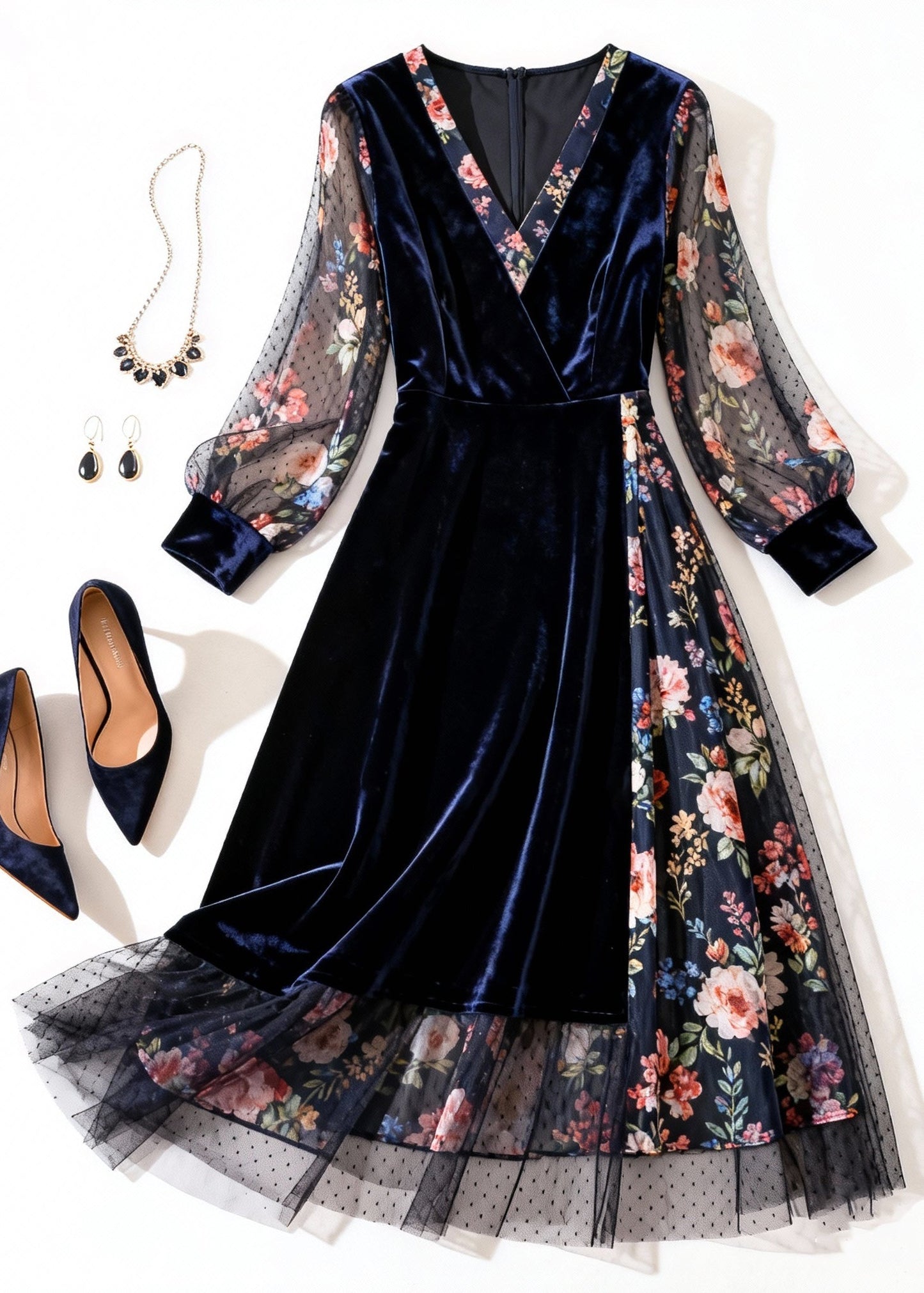 New Navy Print Tulle Patchwork Silk Velvet Long Dress Summer