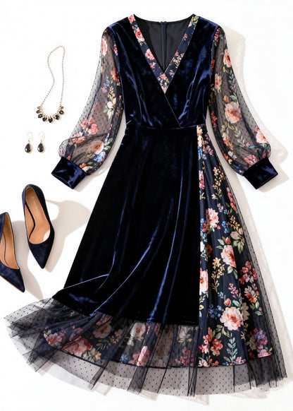 New Navy Print Tulle Patchwork Silk Velvet Long Dress Summer