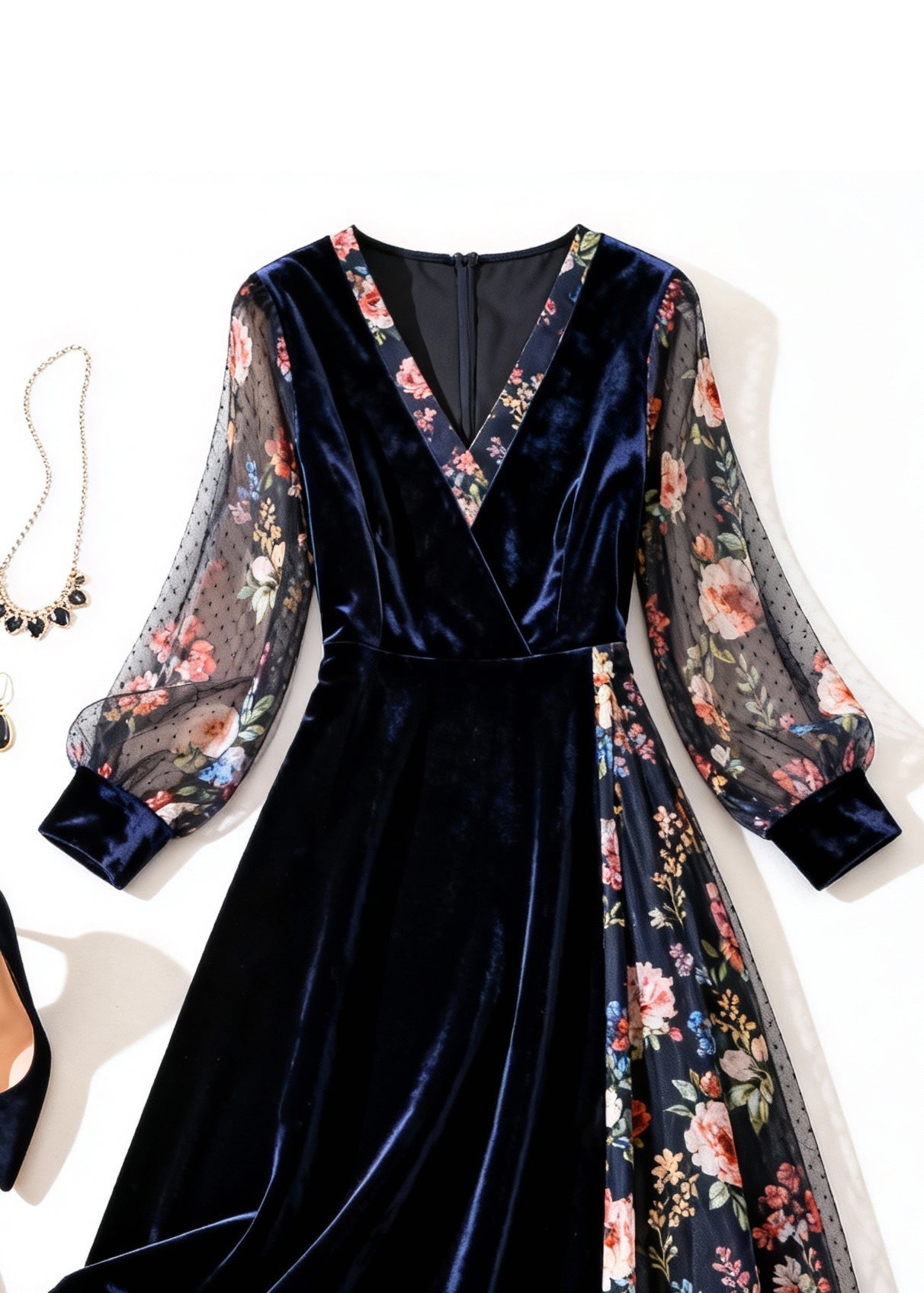 New Navy Print Tulle Patchwork Silk Velvet Long Dress Summer