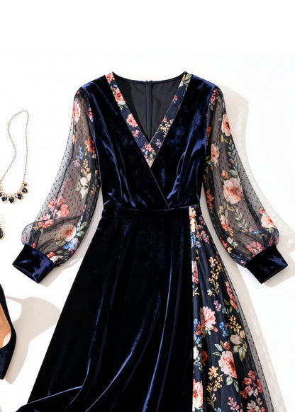 New Navy Print Tulle Patchwork Silk Velvet Long Dress Summer