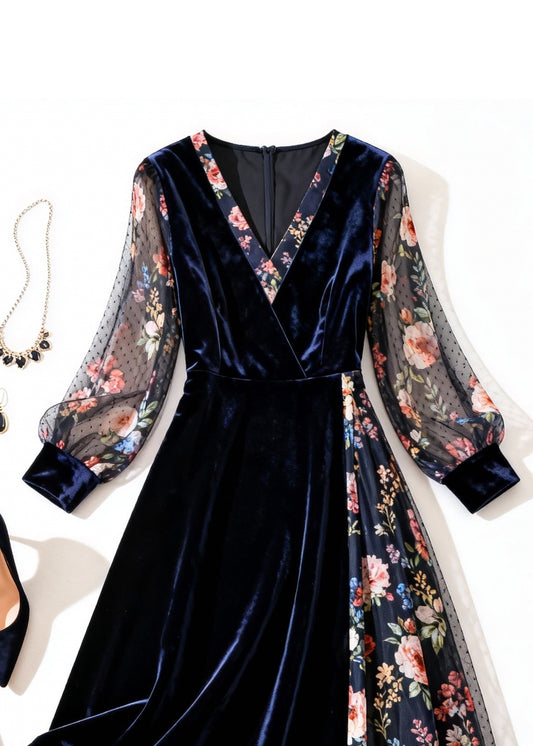 New Navy Print Tulle Patchwork Silk Velvet Long Dress Summer
