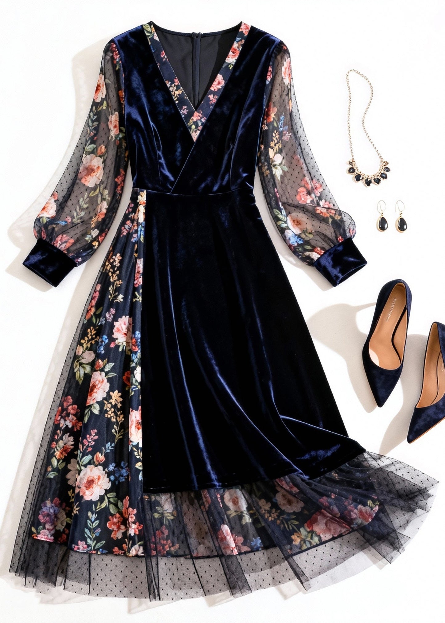 New Navy Print Tulle Patchwork Silk Velvet Long Dress Summer
