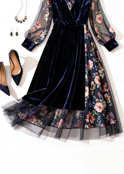 New Navy Print Tulle Patchwork Silk Velvet Long Dress Summer