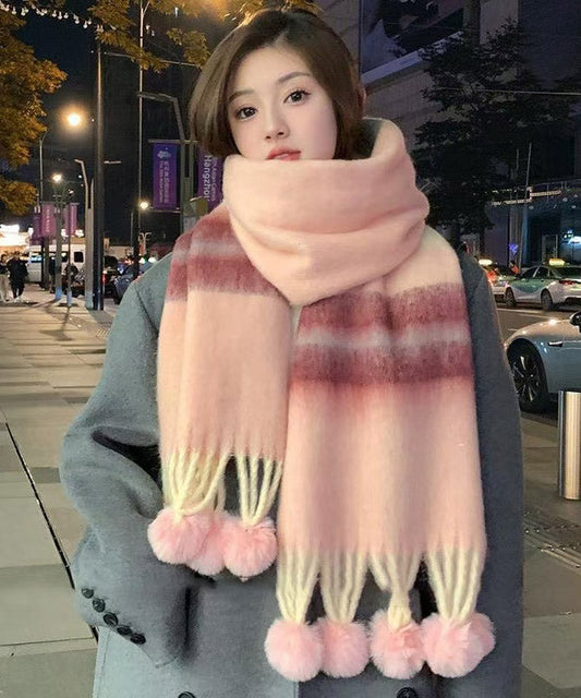 New Orange Fuzzy Ball Decorated  Thick Warm Faux Cashmere Scarf