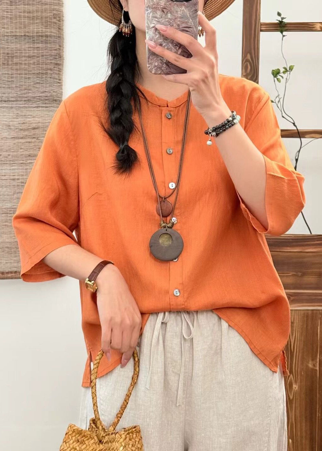 New Orange O Neck Button Solid Linen Blouse Half Sleeve