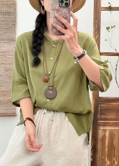 New Orange O Neck Button Solid Linen Blouse Half Sleeve