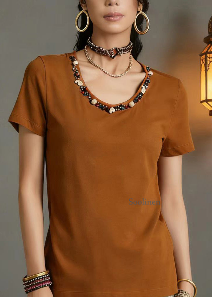 New Orange O Neck Nail Bead Cotton T Shirt Summer