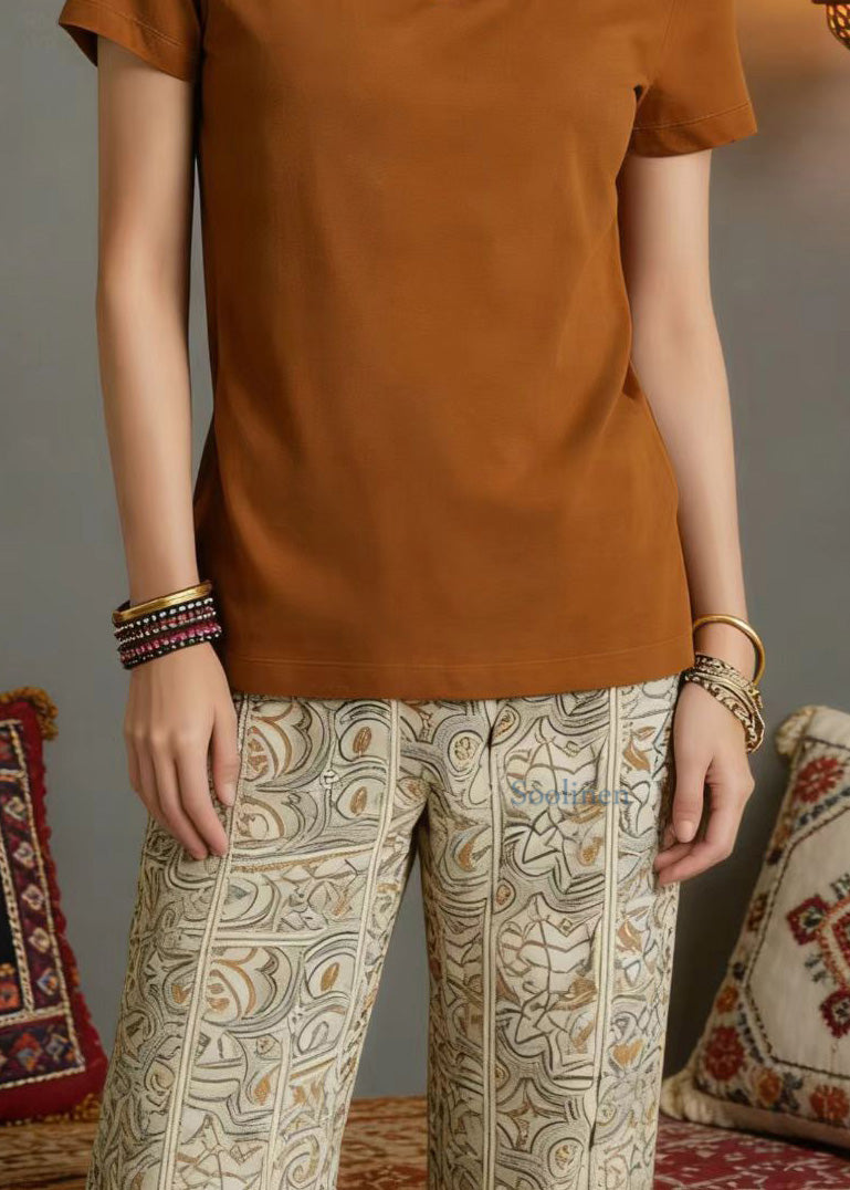 New Orange O Neck Nail Bead Cotton T Shirt Summer